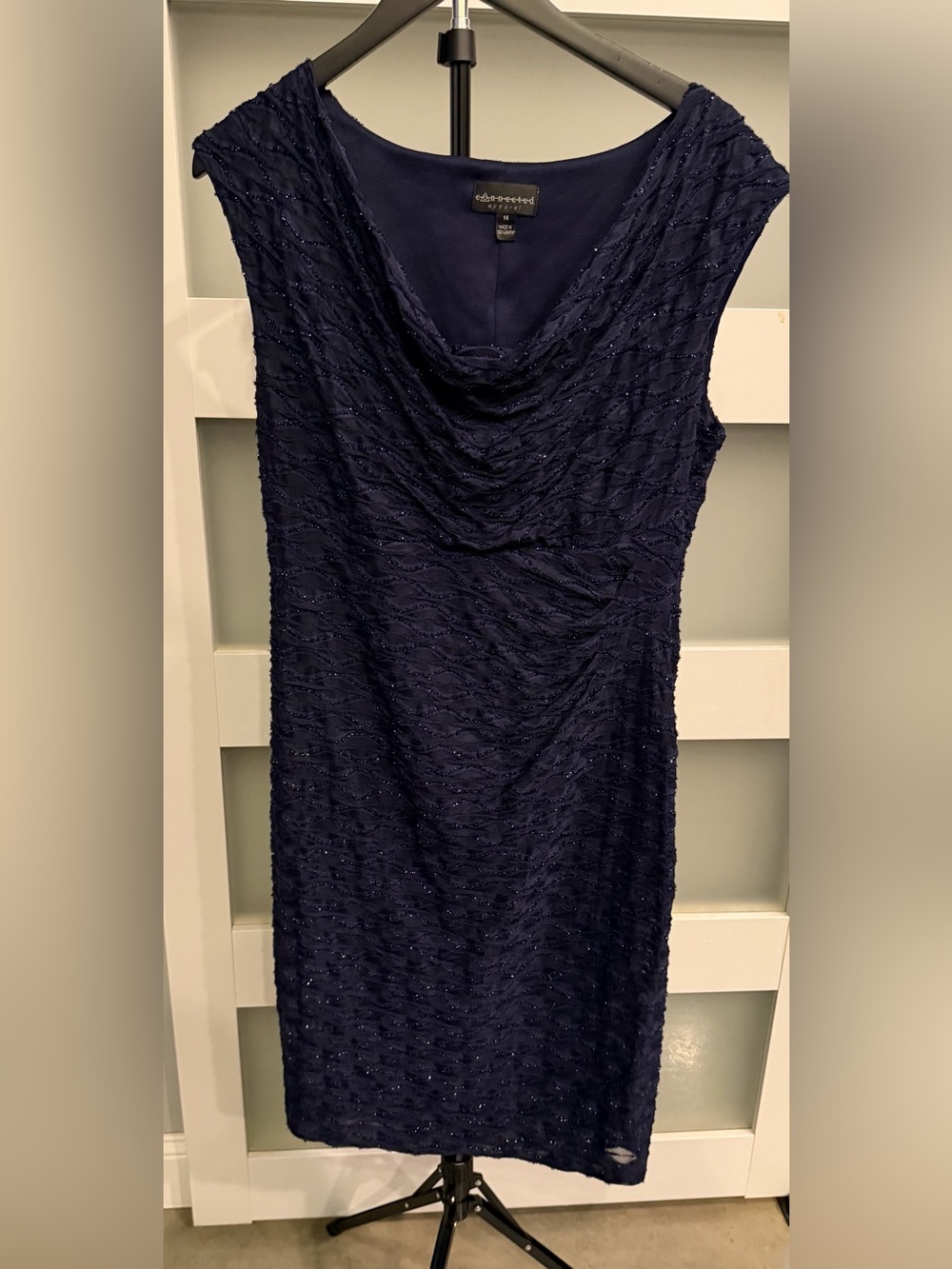 connected apparel Navy Beaded Cowl Neck Sheath Dress
